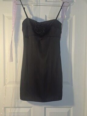 Classic Black Mini Dress with Rosette Detail - Women's